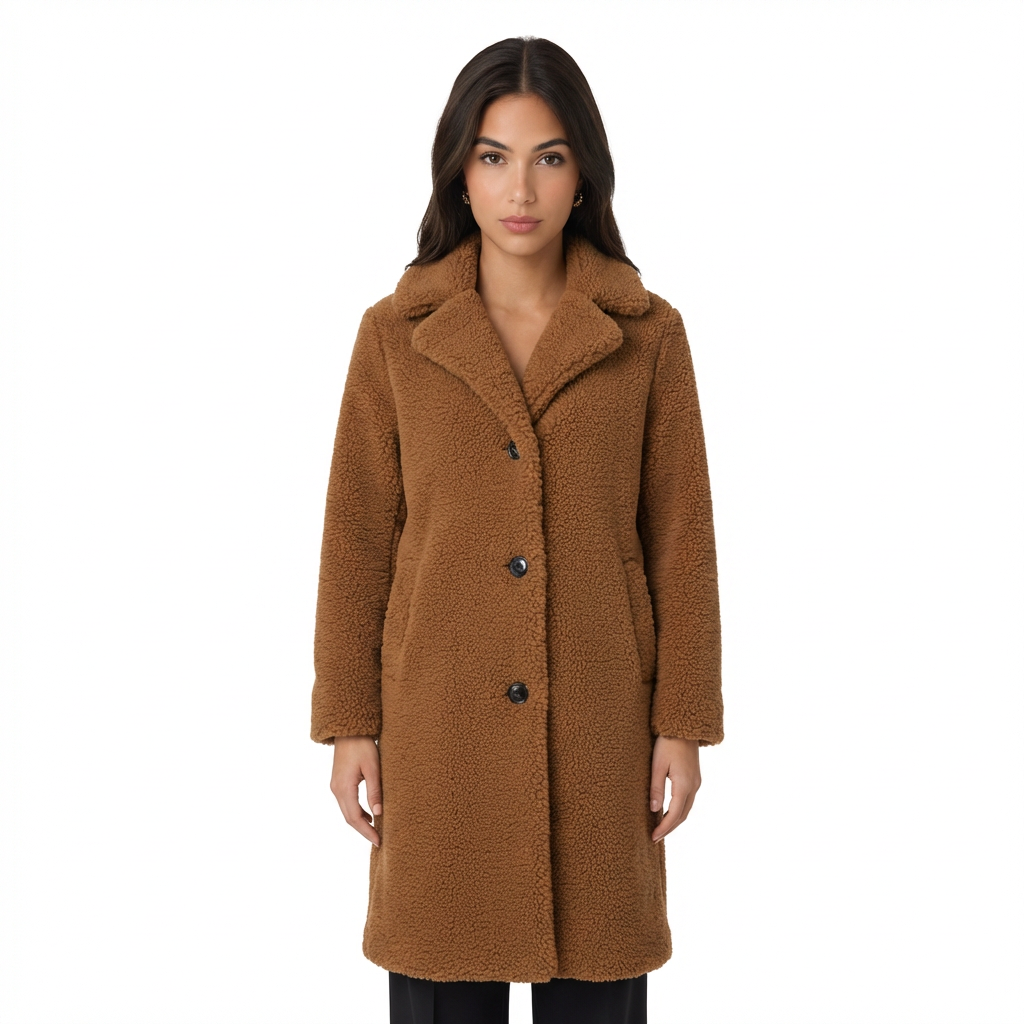 Women’s Knee-Length Overcoat with High Collar and Two-Pocket Design
